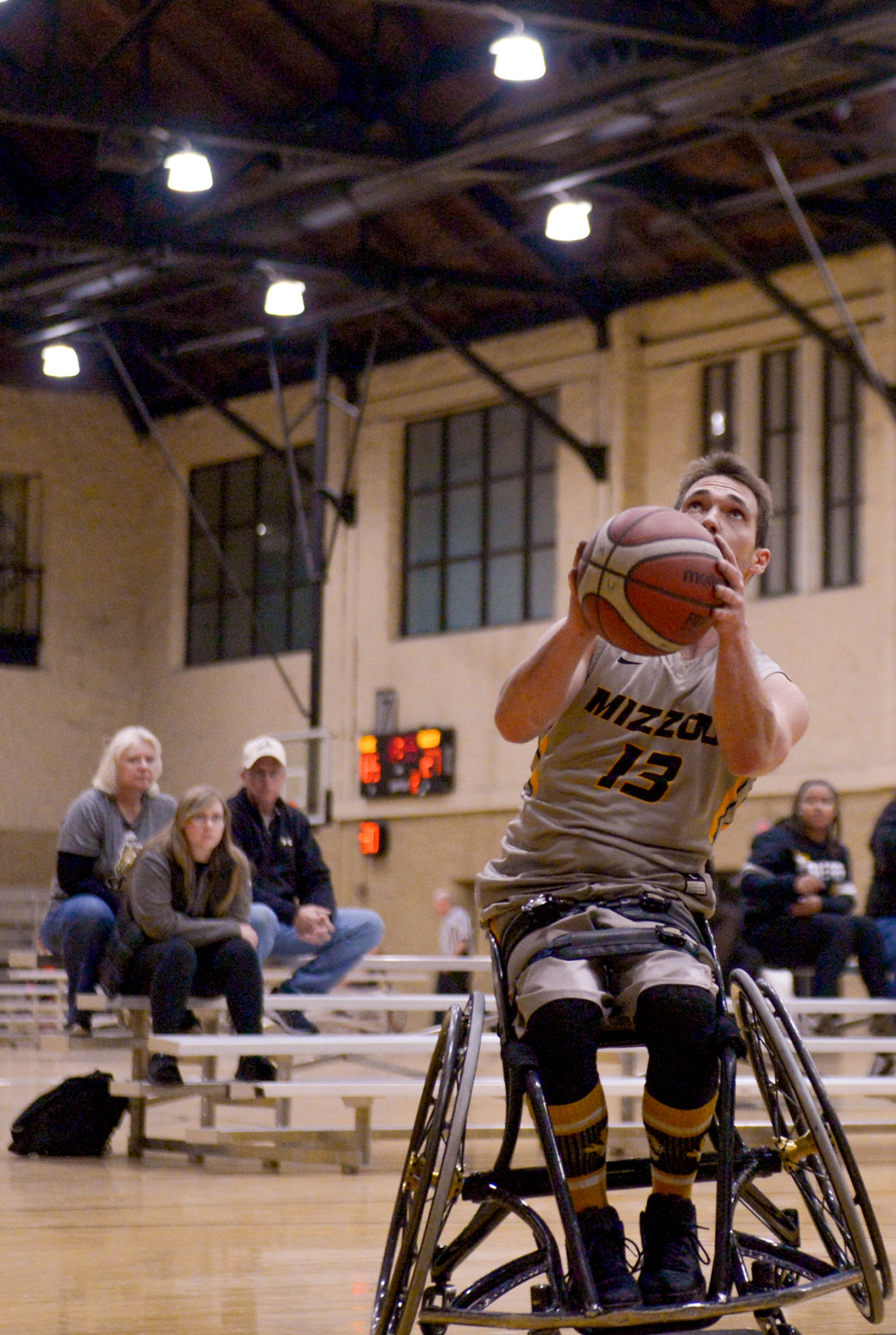 Missouri sophomore Colin Higgins takes a shot during the first game
